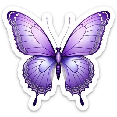  A beautiful, aesthetically pleasing butterfly with lilac and ice-purple wings, with an intricate lace-like pattern around the edges and subtle iridescent accents that shimmer in the light. The wings should have a gradient effect, going from a delicate lilac at the base to a deep ice-purple at the tips. The body of the butterfly should be slender and elegant, with delicate silver details to enhance its ethereal appearance. sticker