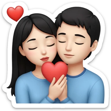 “Cute 3D emoji of a romantic couple with black hair, the boy slightly taller, gently holding the girl in his arms and kissing her lips, soft blush, eyes closed, small glowing heart above them, warm romantic vibe, pastel tones, smooth lighting, sticker style, transparent background.” sticker