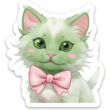 cute fluffy white kitten with a light pink bow, watercolor art style sticker