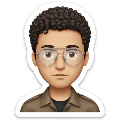 Man with small face and prominent forehead, teardrop-shaped aviator glasses, very minimal dark curly hair on top with completely shaved sides, light brown complexion, gentle expression, black button-up shirt sticker