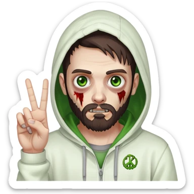 zombie making peace sign, undercut hairstyle with dark brown hair, short full beard, heterochromia with one green eye and one brown eye, wearing plain white hoodie with hood up sticker
