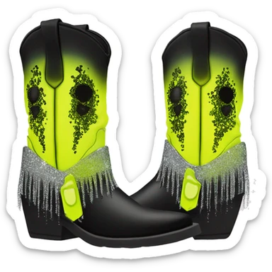 Realistic short neon yellow to black ombre fashion cowgirl boot with sparkly shiny glitter fringe on them. sticker