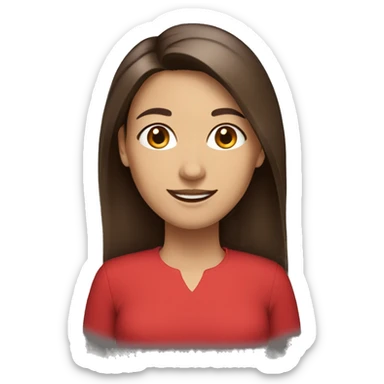 smiling woman with light to medium skin, straight dark brown hair with middle part red shirt  sticker