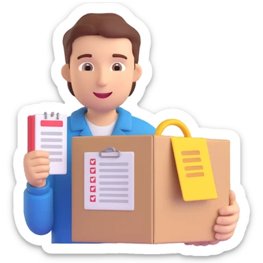 product owner emoji, person holding a product box and checklist sticker