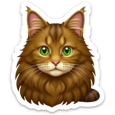 je veux un emoji chat main coon marron foncé  à poil long avec les yeux vert jaunes, je veux qu’il soit en entier assis stp  sticker