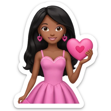 Black barbie, long black  hair, pink dress holding big heart that says heart me sticker