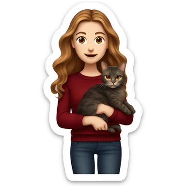 White girl with brown long wavy hair holding a tortoiseshell cat and wearing a dark red sweater with dark jeans sticker