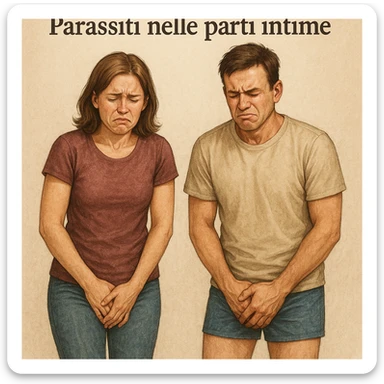 Create a realistic illustration of a man and a woman with clearly pained expressions, holding their intimate areas without explicit details. Above them, include the text 'Parassiti nelle parti intime' in Italian, with an educational and respectful tone. sticker