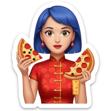 Katy Perry, wearing cheongsam, with pizza sticker