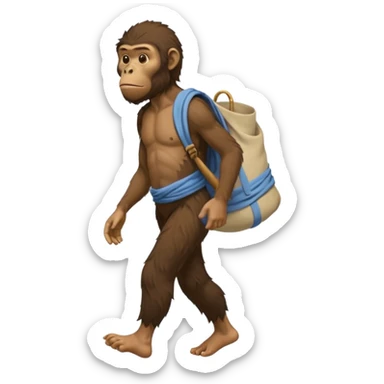 Draw an Australopithecus walking like a nomad, carrying a cloth bundle over its shoulder, in a cute flat iPhone emoji style sticker