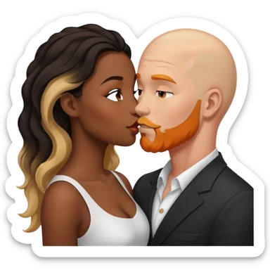 ebony black women with long brown/black wavy hair with blonde highlights kissing bald white man. White man has orange facial hair sticker