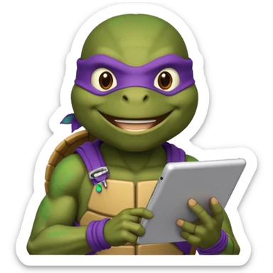 Donatello from Teenage Mutant Ninja Turtles, emoji style, using a tablet with a hacking screen sticker