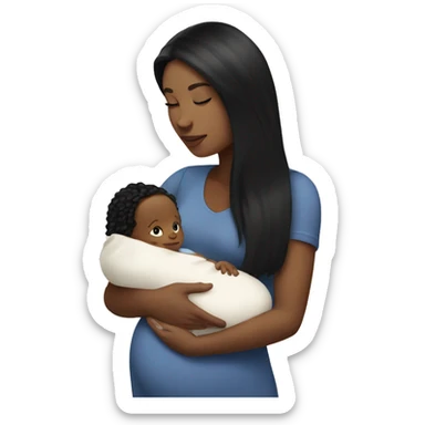 a white woman with long black hair is holding a newborn baby with bottle milk  sticker