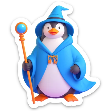 penguin wizard with a blue robe and magical staff sticker