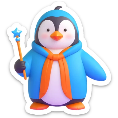 penguin wizard with a blue robe and sparkly wand sticker