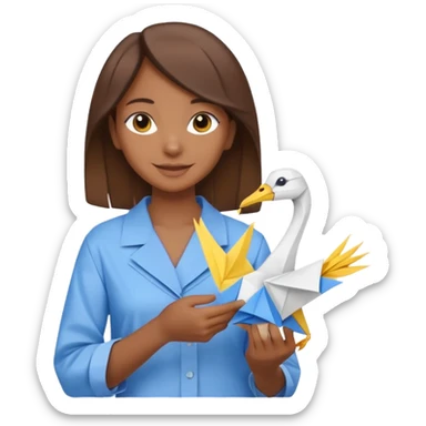 happy-african-young-girl-with-brown-hair-in-a-white-kanga-shirt-holds-an-origami-yellow-and-blue-crane sticker