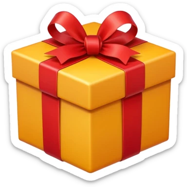 A square gift box tied with a bright red ribbon, in Apple iPhone emoji style. Vibrant colors, smooth gradients, glossy highlights, clean simple shapes, no outlines, slight 3D depth. sticker