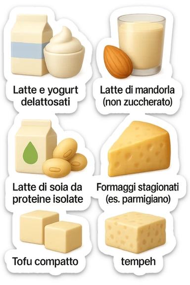 emoji stile iphone 3d di questi elementi che fluttuano in aria:

Latte e yogurt delattosati
Latte di mandorla (non zuccherato)
Latte di soia da proteine isolate
Formaggi stagionati (es. parmigiano)
Tofu compatto e tempeh
 che fluttuano in aria,  le etichette scrivile in italiano, iperealistico 4k sticker