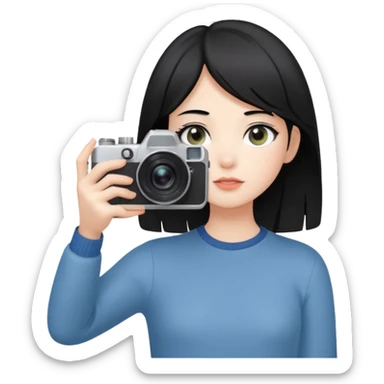 A young fair-skinned girl with o black hair holding a camera up to her eye, looking through the viewfinder, standing in natural light, soft focus background, candid photography style, wearing a minimalist outfit, artistic and modern atmosphere. With four fingers sticker