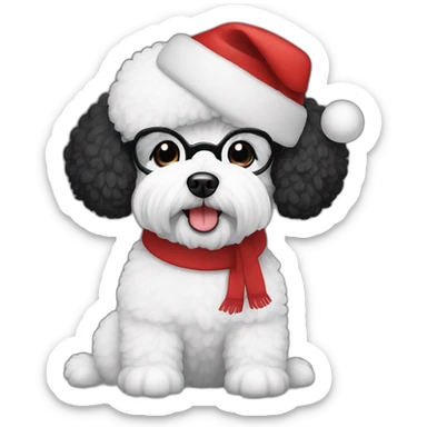 woman-black hair-glasses-bichon dog-sitting-christmas hat sticker