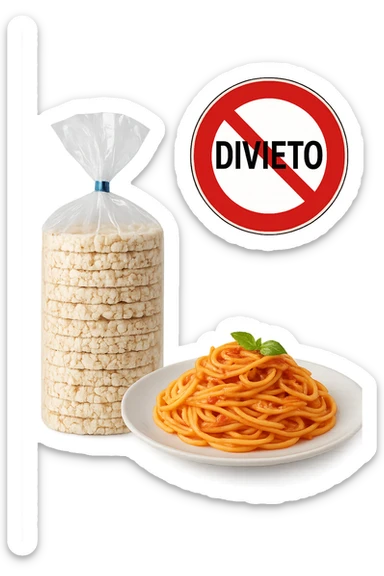 confezione di gallette di riso con accanto un piatto di pasta con divieto sopra, in italiano,  realistici sticker