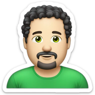chubby Caucasian man, looking 42 years old, short black curly hair, green eyes, black goatee around the mouth meeting the beard in the shape of a rounded rectangle, medium lips, smiling sticker