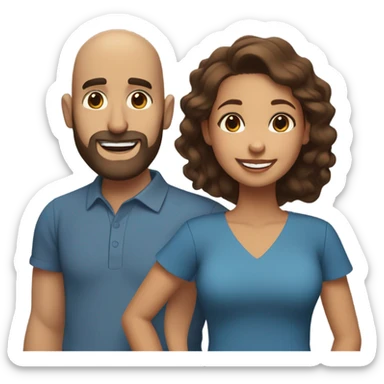 Brown-haired Puerto Rican woman with dark brown eyes wearing a cute blue blouse giving comforting hug to short, bald man with brown eyes, laugh lines, and a beard sticker