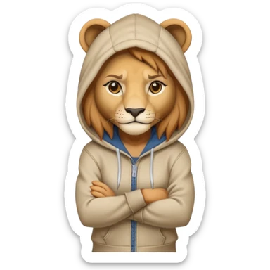 determined anthropomorphised female lion in a hoodie and jeans with arms folded, confident stance sticker