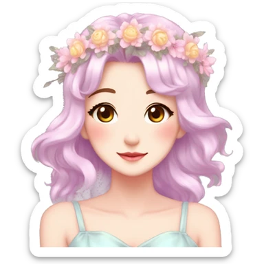 Shiny Gorgeous Pastel Anime Mature Lady with blushing face and pretty hair with a flower crown pastelcore kawaii cottagecore fairycore aesthetic trending style sticker