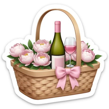 White Picnic basket with light pink bow and white peonies and a pink wine bottle inside sticker