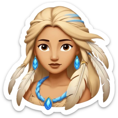 Cinematic Elegant Pocahontas Portrait Emoji, Standing serenely with a blue wind swirl around her, soft feathers in her hair, a tranquil yet powerful gaze, beauty beyond time, an ethereal aura of connection with nature, regal and enchanting! sticker