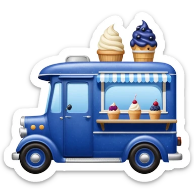 shiny-dark-blue crystal-bodied frozen blueberry muffin, pie, and ice cream float, antique long-wheelbase cab over durable-looking food truck  sticker