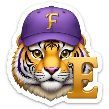 Purple and gold tiger with baseball hat on with letter F  sticker