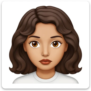 persona de piel canela, con labios carnosos, ojos marrones oscuros, cabello medianamente largo ondulado con expresion seria sticker