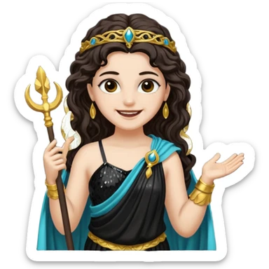 Libera, Goddess of Death from Roman Deities with long dark brown wavy hair, black sequin toga sticker