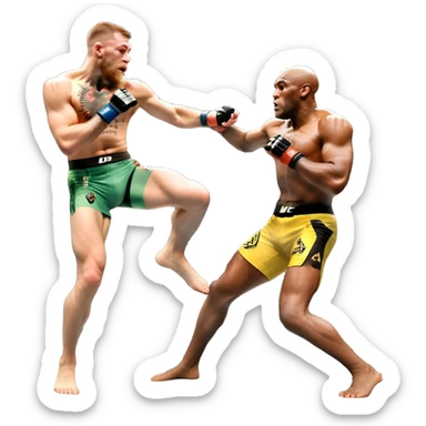 An MMA showdown between Conor McGregor and Anderson Silva in the octagon. McGregor is executing a powerful jumping strike, while Silva is expertly blocking the attack with his forearm. The background features the UFC octagon, fans in the distance, and dynamic action. Transparent background sticker