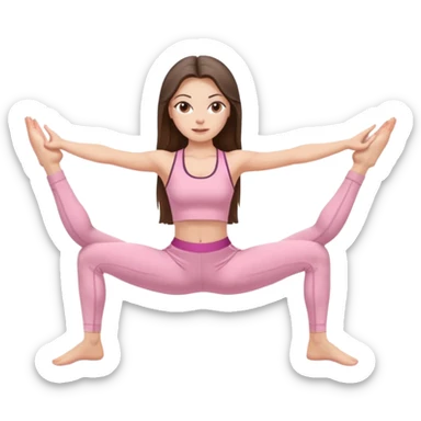 white brunette girl long hair with hazel eyes in light pink workout clothes doing the middle splits sticker