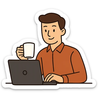 flat toon style working person with coffee mug sticker