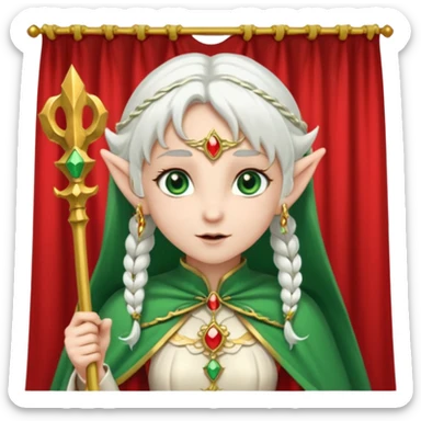an elf with very white hair and two long pigtails on the side of her head, she has a curtain bang, green eyes, she has a white cape with golden borders and a scepter with a red orb, she has earrings that look like red drops sticker