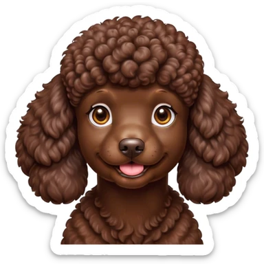 Cinematic Cute Chocolate Poodle Portrait Emoji, Head tilted playfully and inquisitively, showcasing a bouncy, curly chocolate Fur with a healthy sheen, round, sparkling brown eyes filled with curiosity, Simplified yet irresistibly adorable features, highly detailed, glowing with a warm, friendly glow, high shine, affectionate and lively, stylized with a touch of whimsy, bright and endearing, soft glowing outline, capturing the essence of a mischievous yet loving companion, so playful it feels like it could bounce out of the screen and into your arms! sticker