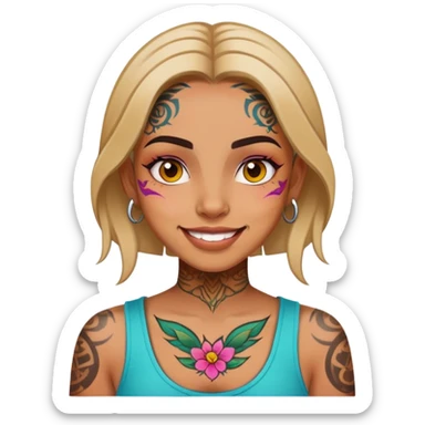 girl with bold face tattoos, happy face, wearing a colorful shirt sticker