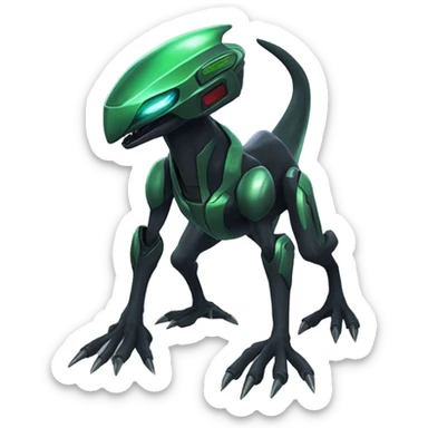a shiny black-green Genesect-Raptor-Fakémon—hybrid with a futuristic visor-helmet full body sticker
