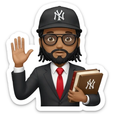 African American man with black beardwith shoulder length black dreadlocks wearing black sunglasses wearing a New York Yankees logo baseball cap wearing a black suit with white shirt and red tie with a Bible in right hand with left hand raise out sticker