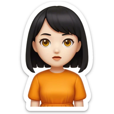 A detailed emoji-style illustration of the Squid Game doll, designed in the aesthetic of iPhone emojis. The doll has a round face, short black hair with bangs, and wears an orange dress with a yellow shirt underneath. Her expression is neutral but slightly eerie. The style is clean, simple, and polished, resembling Apple’s emoji set with smooth gradients and minimal shading. The background is plain or slightly blurred to keep the focus on the character.” sticker