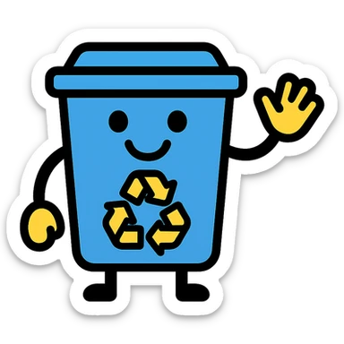 blue recycling bin with a big smile, waving hand sticker