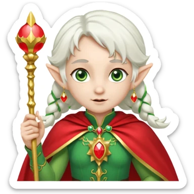 an elf with very white hair and two  pigtails on the side of her head, she has a curtain bang, green eyes, she has a white cape with golden borders and a scepter with a red orb, she has earrings that look like red drops sticker