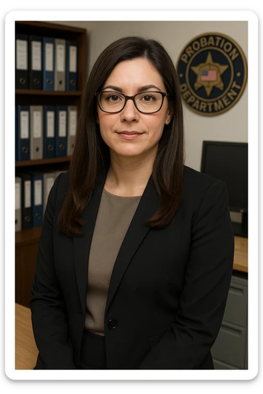 female probation department administrative services manager, long brown hair, brown eyes, dark framed glasses, professional attire, office setting, upper body portrait sticker