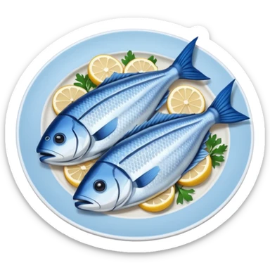 Fish dishes avatar in bright emoji-style illustration. Grilled fish, fillets, and seafood, blue and silver tones, simple shapes, flat design, fresh and flavorful. sticker
