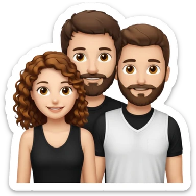 Criar Casal - Homem branco de cabelo liso e olhos marrom, com barba, usando camisa polo preta e mulher de pele branca cabelo cacheado marrom longo e olhos mel, usando uma regata branca, quero ela sorrindo sticker