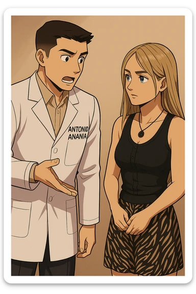 fai un webtoon/manga a colori con questo kinesiologo in camice bianco (fagli la scritta "ANTONIO ANANIA" SUL CAMICE) CHE PARLA CON QUESTA RAGAZZA CON GLI OCCHI AZZURRI. la ragazza gli fa una domanda e IL KINESIOLOGO CON IL CAMICE BIANCO LE risponde. NON FARE I FUMETTI, FAI SOLO LORO COME SE DIALOGASSERO sticker